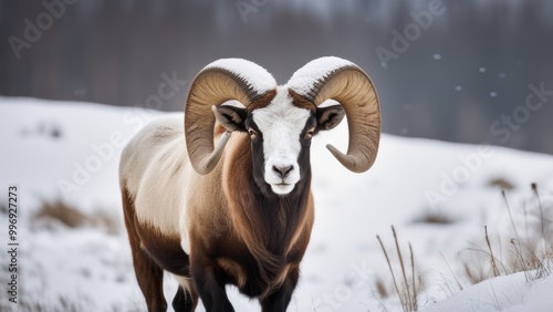 A bighorn sheep stands in a snowy field looking directly at the camera with alert expression long horns prominent in late afternoon/early evening light.