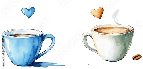Charming Watercolor Coffee Cups with Hearts, isolated on transparent background.