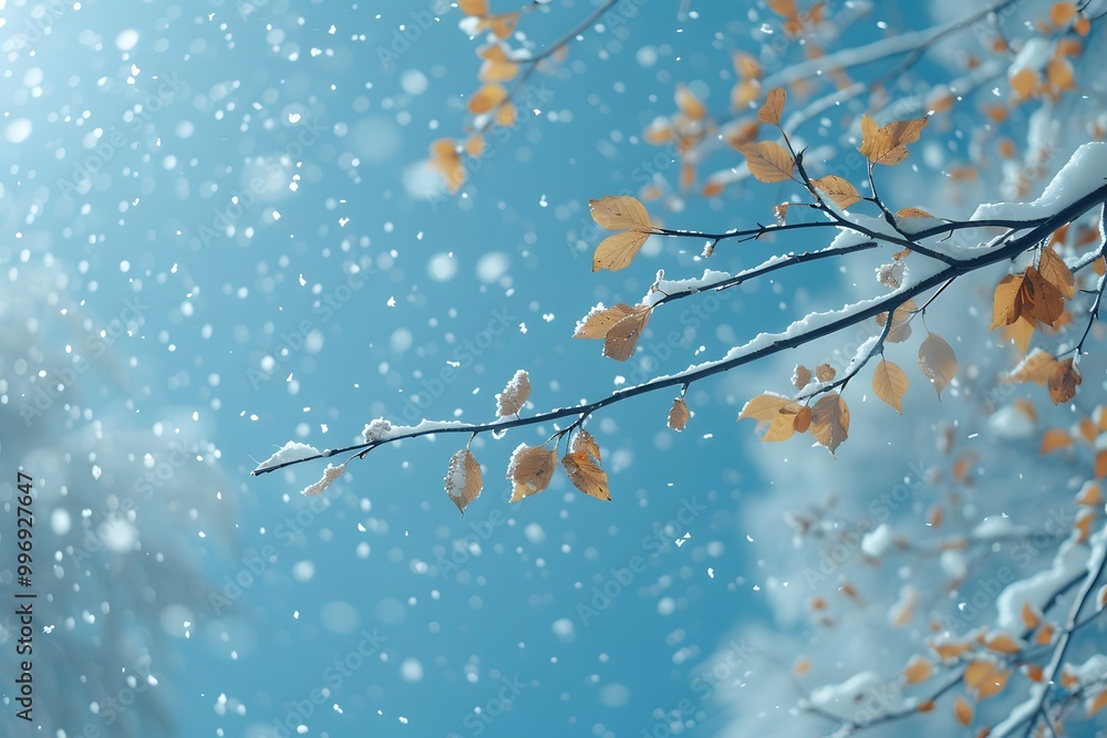 Snowy Autumn Branch with Falling Snowflakes on a Clear Blue Sky Snowy Autumn Branch with Falling Snowflakes on a Clear Blue Sky