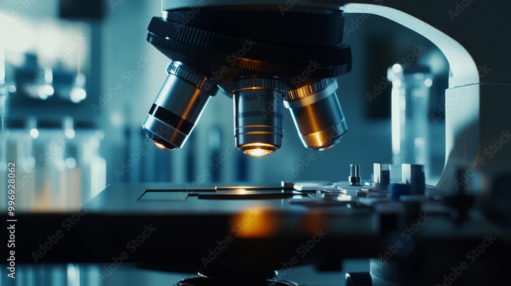 In a brightly lit science laboratory, a modern microscope is showcased, focusing on its intricate lenses and controls, ideal for scientific exploration In a brightly lit science laboratory, a modern microscope is showcased, focusing on its intricate lenses and controls, ideal for scientific exploration