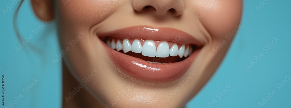 Woman smiling on blue background with copy space Woman smiling on blue background with copy space