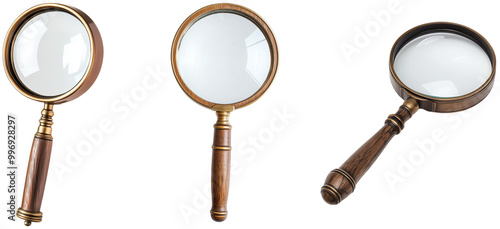 Set of Vintage Magnifying Glasses, isolated on transparent background.