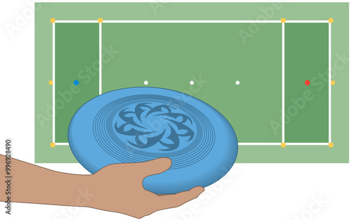 ultimate frisbee, close-up of a player's hand holding a disk ready to throw with playing field in the background