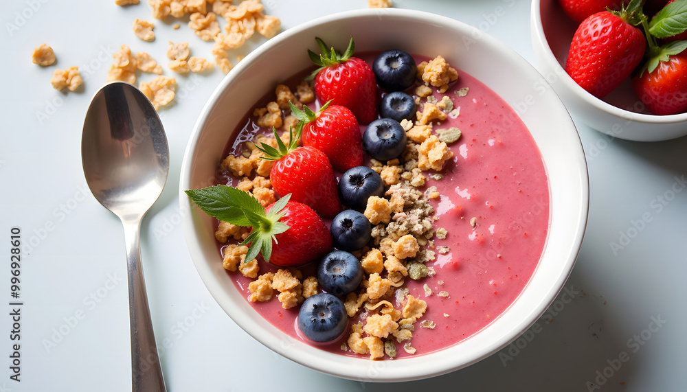 Vibrant smoothie bowl with fresh fruits and granola against white background Vibrant smoothie bowl with fresh fruits and granola against white background