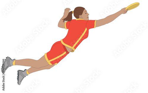 ultimate frisbee, female player catching disk in mid-air isolated on a white background