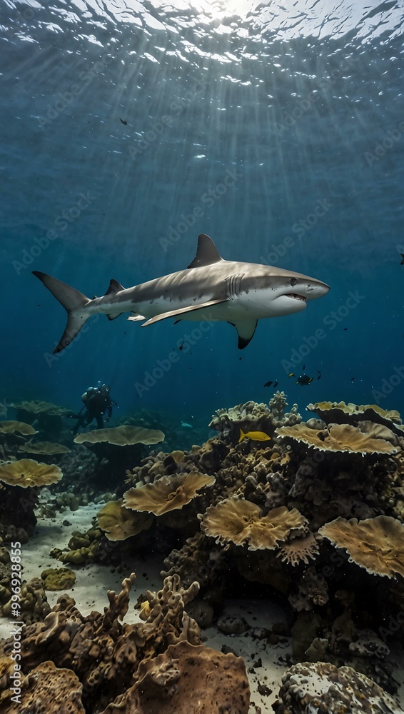 Galapagos shark and diver exploring the seabed. Galapagos shark and diver exploring the seabed.