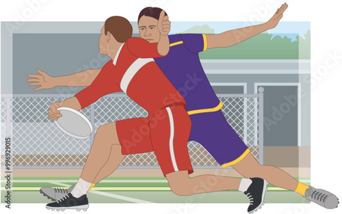 ultimate frisbee, male player intercepting opposing team player from throwing disk with outdoor playing area in the background