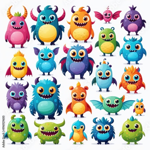 A colorful collection of cute, cartoonish monsters with various features and expressions.