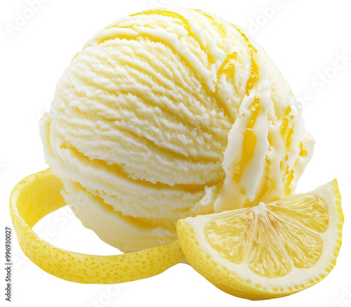 Creamy Lemon Ice Cream Scoop, isolated on transparent background.