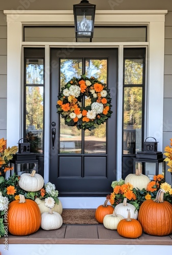 Elegant autumn front porch decorated with pumpkins and a floral wreath. Fall decoration concept. Design for greeting card, home decor.