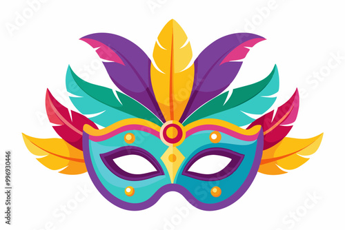 Mardi Gras carnival mask with colorful feathers clip art on a white background, no shadow, no gradient, high-resolution vector illustration for t-shirt design, colorful, white background, highly 