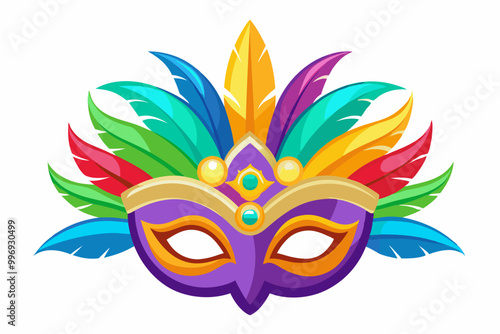 Mardi Gras carnival mask with colorful feathers clip art on a white background, no shadow, no gradient, high-resolution vector illustration for t-shirt design, colorful, white background, highly 