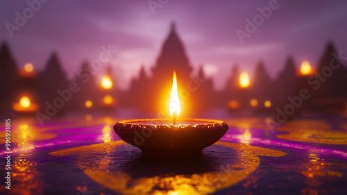 Deepavali, oil lamp with a background of Indian style architecture silhouettes, Rangoli.
 photo