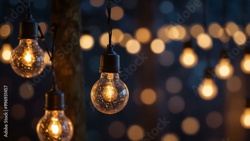 Glowing hanging lights with a dreamy bokeh backdrop.