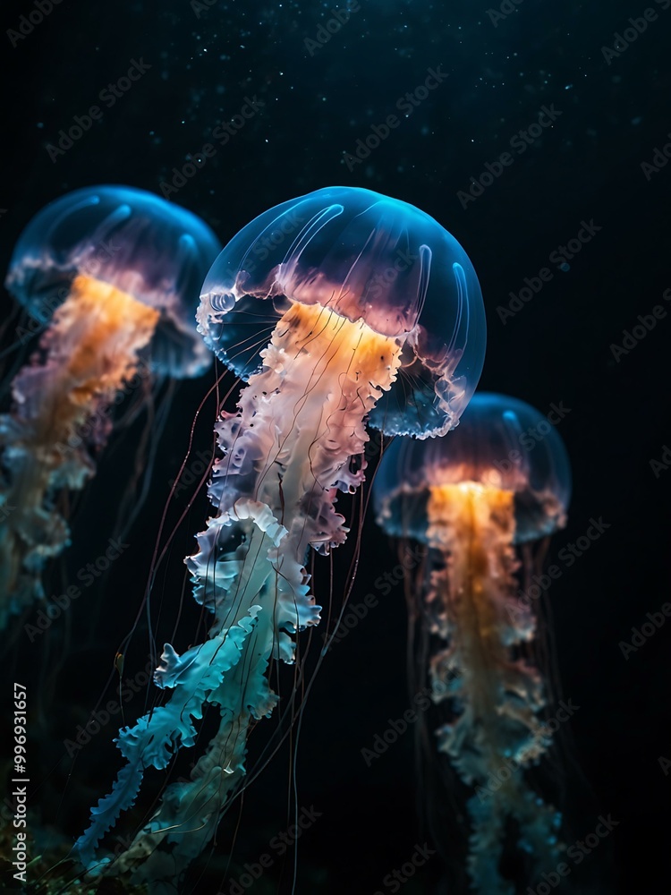 Glowing jellyfish in dark sea depths. Glowing jellyfish in dark sea depths.
