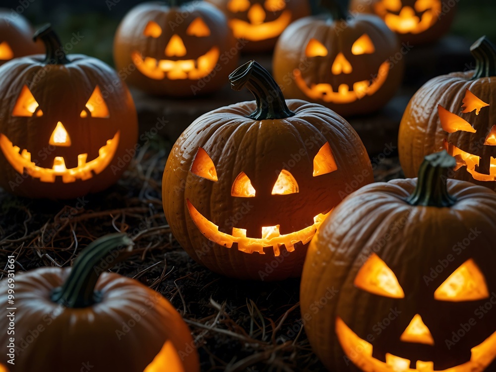 Glowing jack-o'-lanterns lit by flickering candles and lights. Glowing jack-o'-lanterns lit by flickering candles and lights.