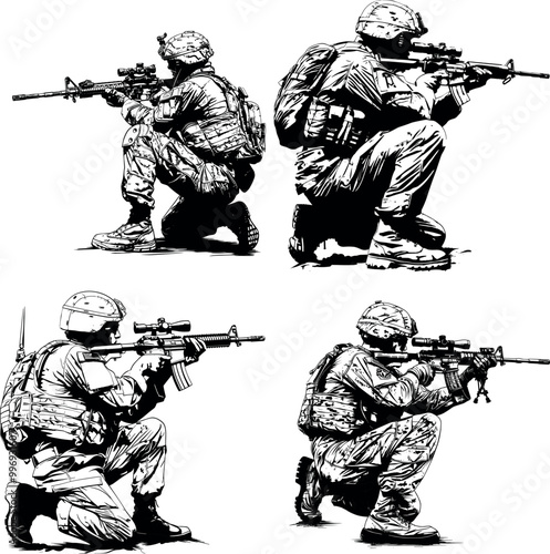 Vector illustration of a military gunman shooter silhouette. Set of soldiers' vector silhouettes. Black flat collection of armed warriors. Soldier silhouette with rifle gun, vector illustration.