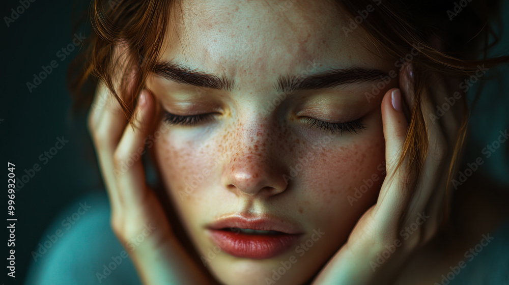 A young woman holds her head in distress while experiencing overwhelming emotions indoors in soft, natural light A young woman holds her head in distress while experiencing overwhelming emotions indoors in soft, natural light