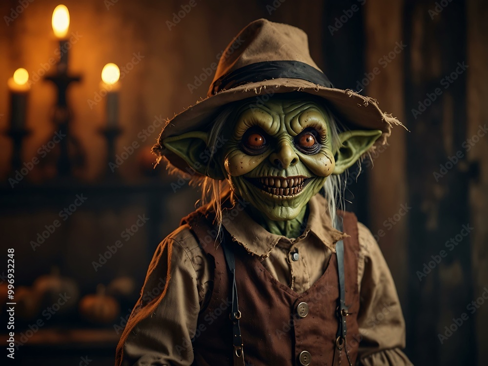 Goblin scarecrow in a haunted house for Halloween. Goblin scarecrow in a haunted house for Halloween.