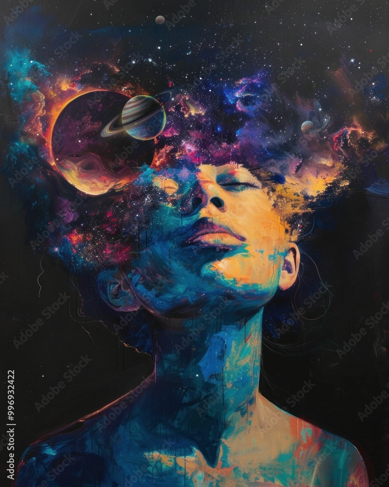 Fototapeta premium A vibrant cosmic portrait of a woman s silhouette filled with colorful galaxy elements and planets, set against a dark starry background