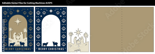 A beautiful nativity cut-out design featuring Mary, Joseph, and baby Jesus under a star with sheep and palm trees. Perfect for Christmas cards or religious-themed decor.