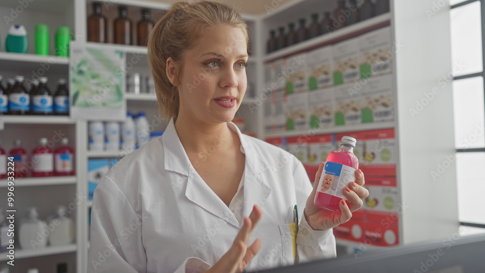 A young caucasian woman pharmacist examining medicine in a modern pharmacy A young caucasian woman pharmacist examining medicine in a modern pharmacy