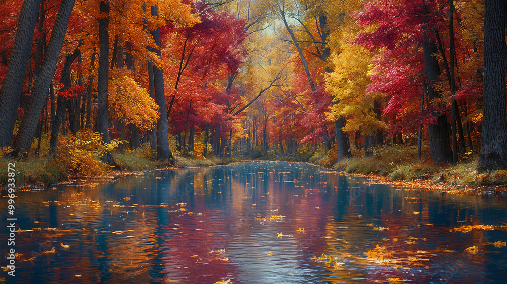 Fototapeta premium Serene autumn forest with vibrant orange and yellow foliage reflecting on a calm stream under warm golden sunlight, surrounded by tall birch trees. Concept of nature's tranquility, seasonal beauty, an