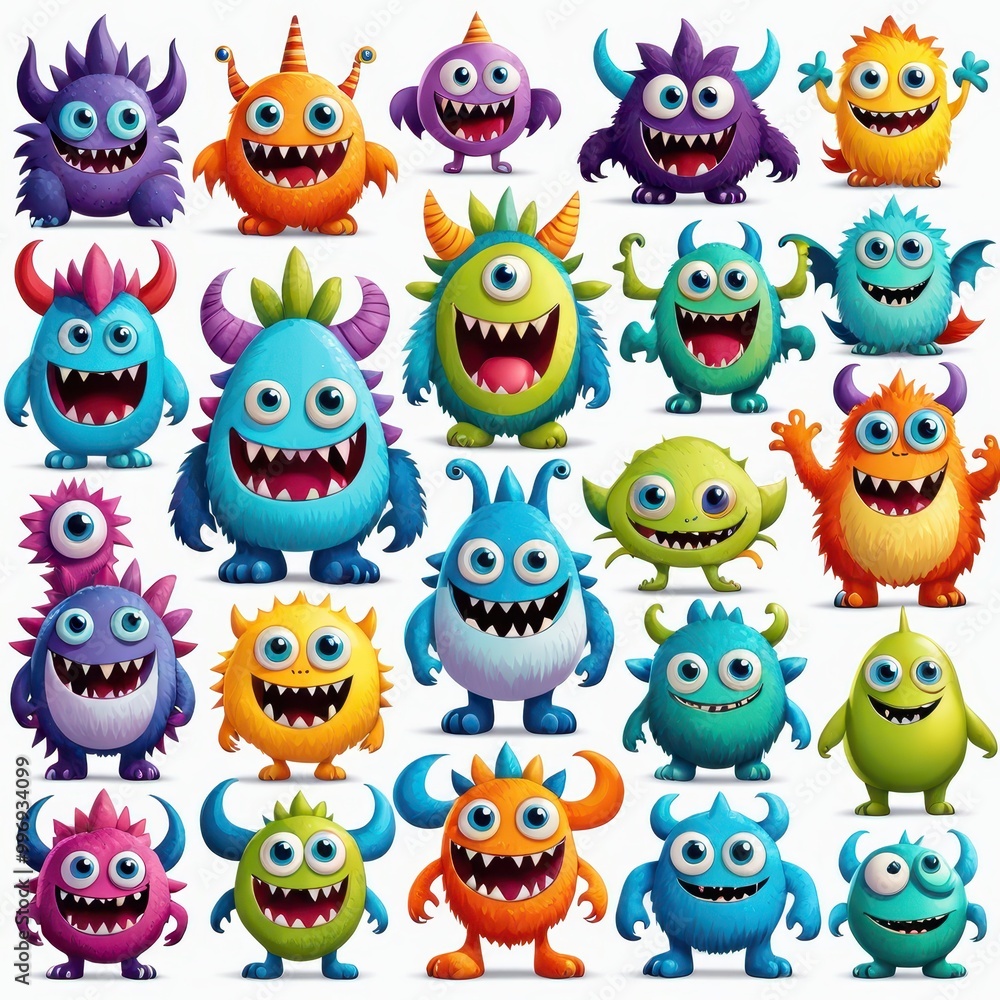 A colorful collection of whimsical cartoon monsters with various features and expressions. A colorful collection of whimsical cartoon monsters with various features and expressions.