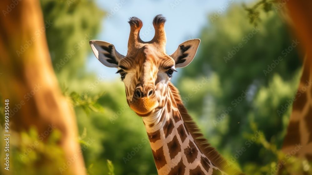Fototapeta premium Curious Giraffe Portrait in a Lush Green Setting