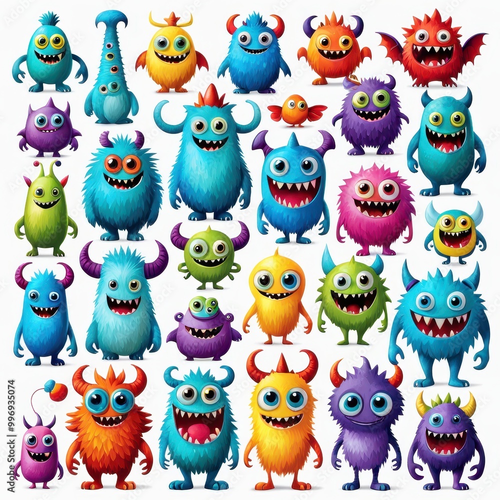 A colorful collection of whimsical cartoon monsters with various shapes and expressions. A colorful collection of whimsical cartoon monsters with various shapes and expressions.