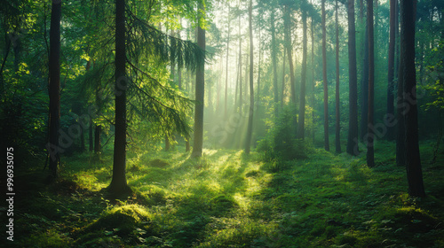 Golden sunlight filters through the trees in a lush forest during late afternoon, creating a serene and tranquil atmosphere