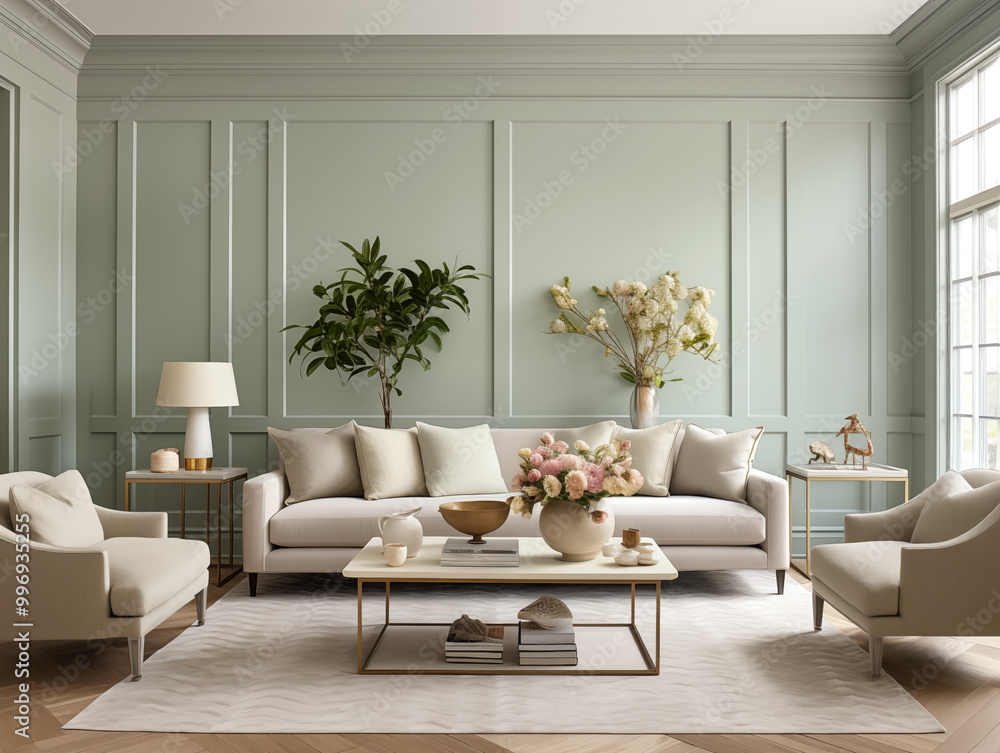 Fototapeta premium Living room interior in modern and classic styles with wooden panneling. Neutral and light sage colors interior with wooden wall panels.