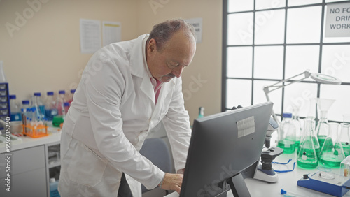 A mature man in a lab coat analyzes results on a computer in a bright laboratory setting