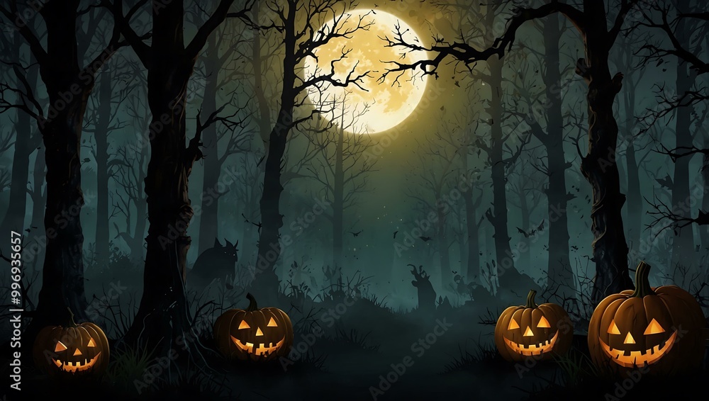 Halloween sale banner with a spooky forest backdrop. Halloween sale banner with a spooky forest backdrop.