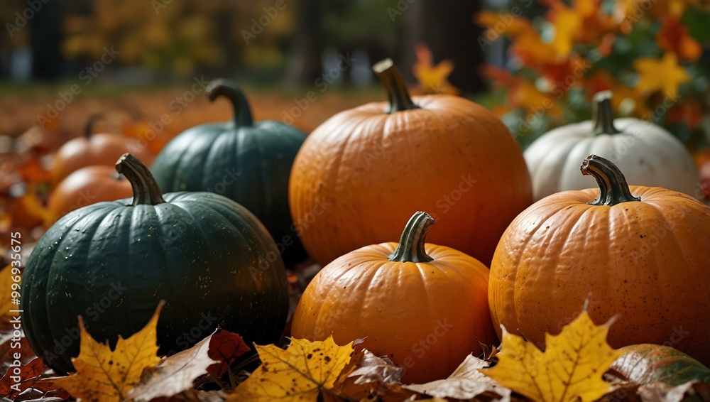 Halloween pumpkins surrounded by colorful autumn leaves. Halloween pumpkins surrounded by colorful autumn leaves.