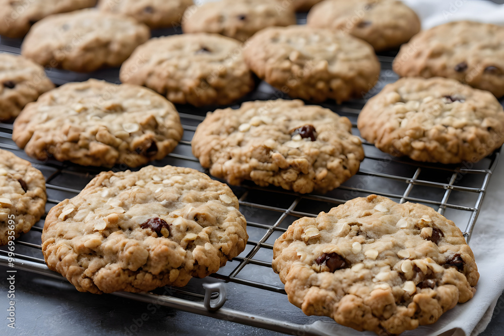 Freshly baked oatmeal raisin cookies cooling on wire rack Freshly baked oatmeal raisin cookies cooling on wire rack