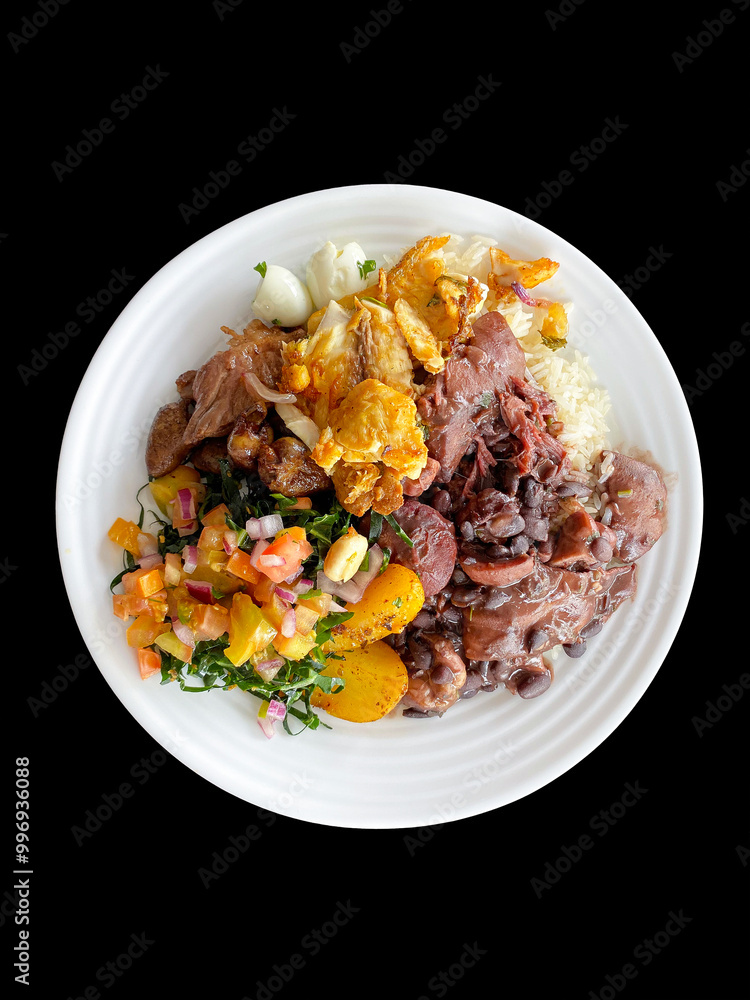 plate of food with rice, beans, salad and meat, healthy food, feijoada, pork rind, pancetta plate of food with rice, beans, salad and meat, healthy food, feijoada, pork rind, pancetta