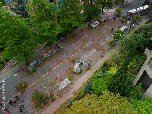 aerial view of a street during a filming set of a apocalyptic series in downtown Vancouver