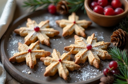 Cookies in the form of a snowflake lie on a dark plate with a New Year's background.