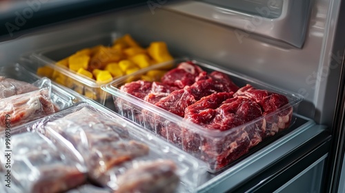 different frozen meat on the opening freezer shelves. food storage. 