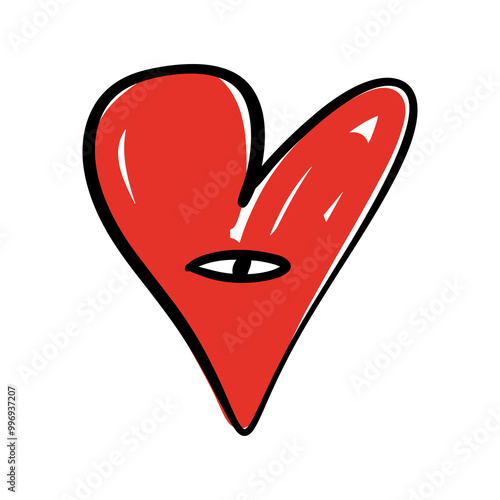 Hand-drawn red and black isolated heart with eye face. Brush, ink. Decor element. Valentine's day card, pattern element and love symbol. Vector, clip-art.