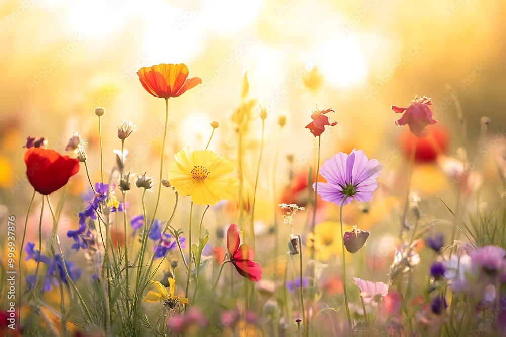 Wildflowers blooming in a field at sunset creating a romantic atmosphere Wildflowers blooming in a field at sunset creating a romantic atmosphere