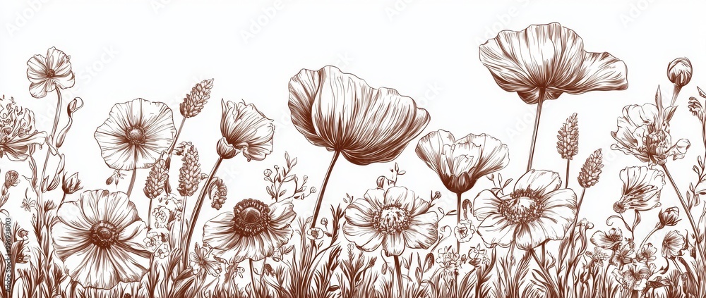 Naklejka premium It is a handdrawn illustration of a brown meadow of flowers and herbs on a white background, which can be used for design elements and wedding modern designs.