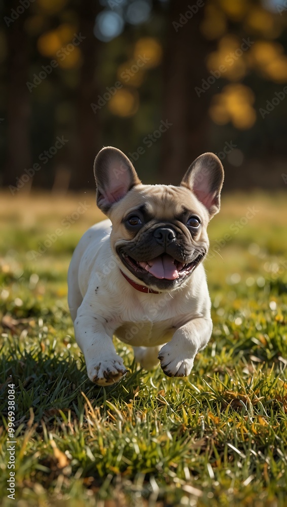 Happy French bulldog puppy running on a sunlit grass field in autumn. Happy French bulldog puppy running on a sunlit grass field in autumn.