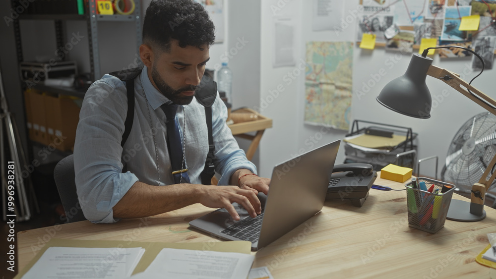 A focused hispanic man in a detective's office diligently works on a laptop, surrounded by investigative clues and maps. A focused hispanic man in a detective's office diligently works on a laptop, surrounded by investigative clues and maps.
