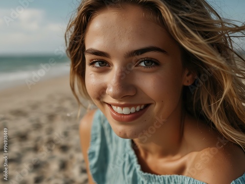 Happy young woman smiling on the beach.