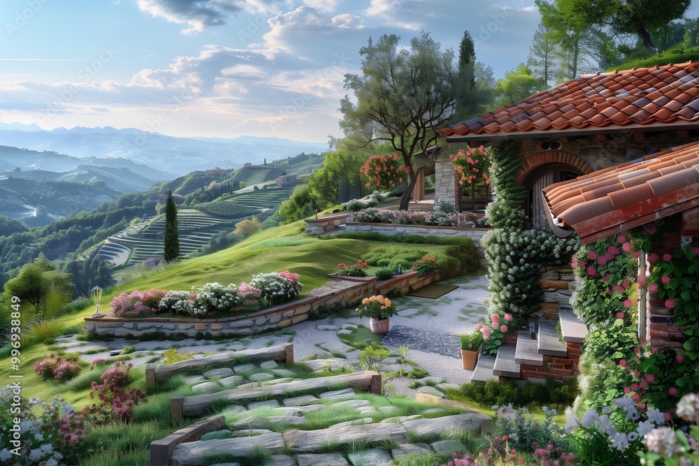 A cozy hillside house with a red-tiled roof and a beautiful view of the valley below. The house has a terraced garden with stone steps and blooming flowers. A cozy hillside house with a red-tiled roof and a beautiful view of the valley below. The house has a terraced garden with stone steps and blooming flowers.