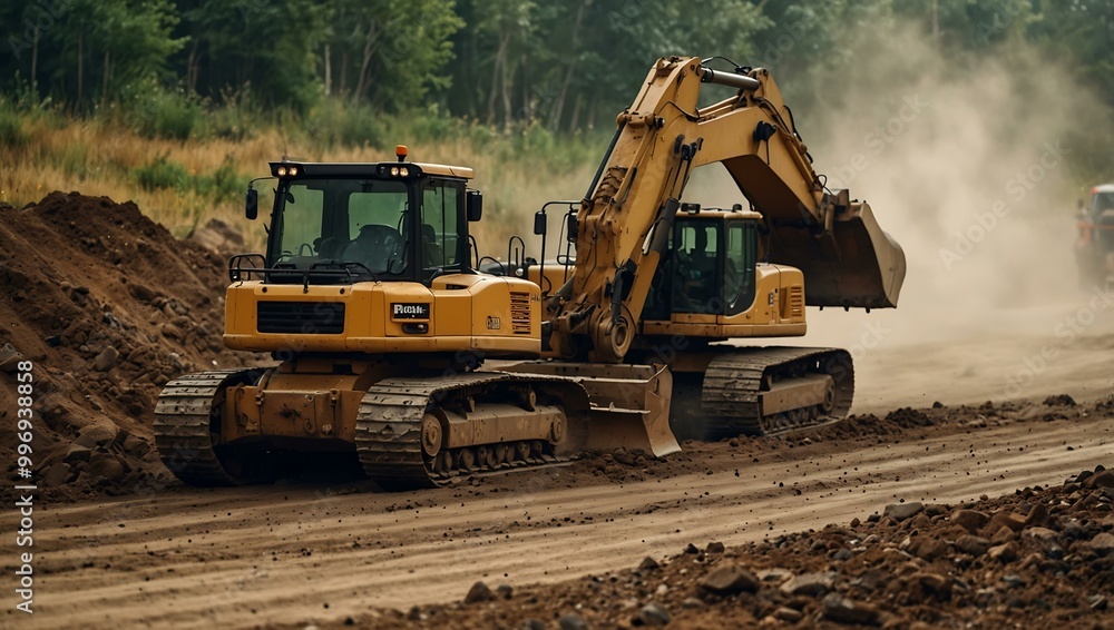 Heavy excavator and bulldozer working on road construction. Heavy excavator and bulldozer working on road construction.