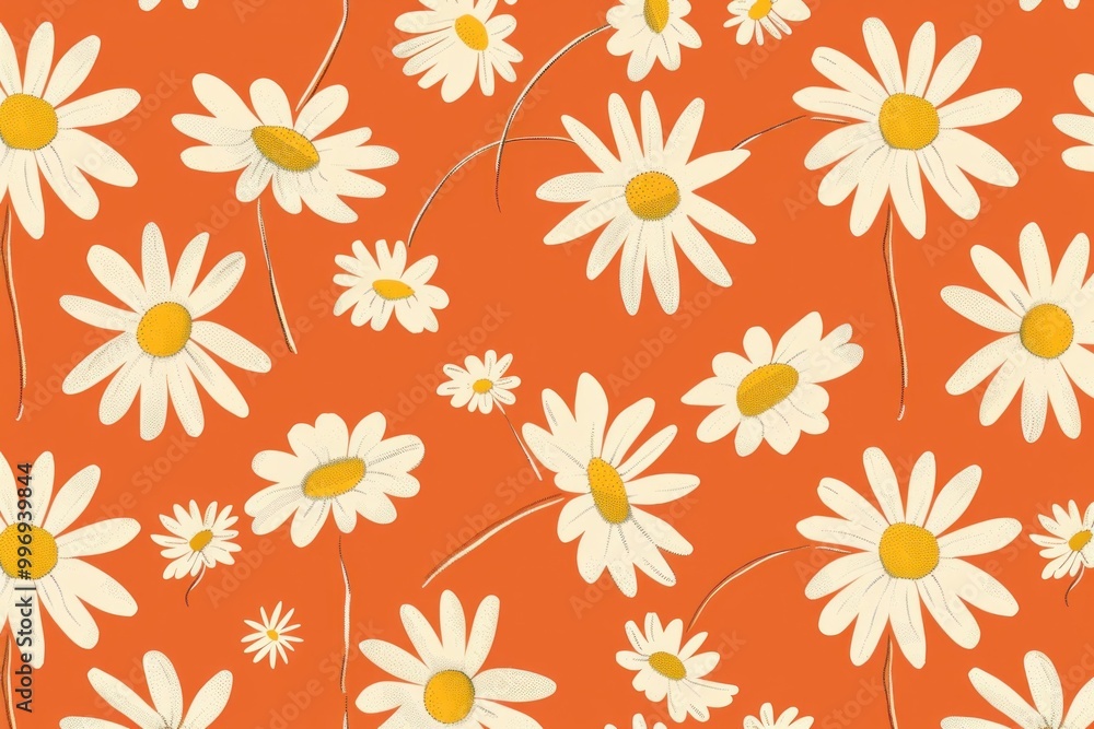 Bright floral pattern featuring white daisies on an orange background, creating a cheerful and vibrant atmosphere Bright floral pattern featuring white daisies on an orange background, creating a cheerful and vibrant atmosphere