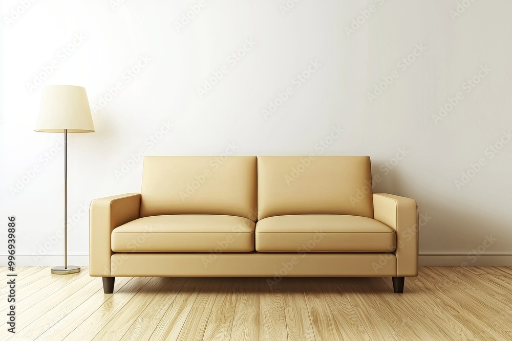 Stylish modern living room with curved sofa next to curved window. Beige wall with copy space is in the background. Stylish modern living room with curved sofa next to curved window. Beige wall with copy space is in the background.
